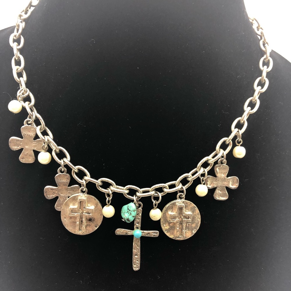 silver western necklacecrosses turquoise pearls
